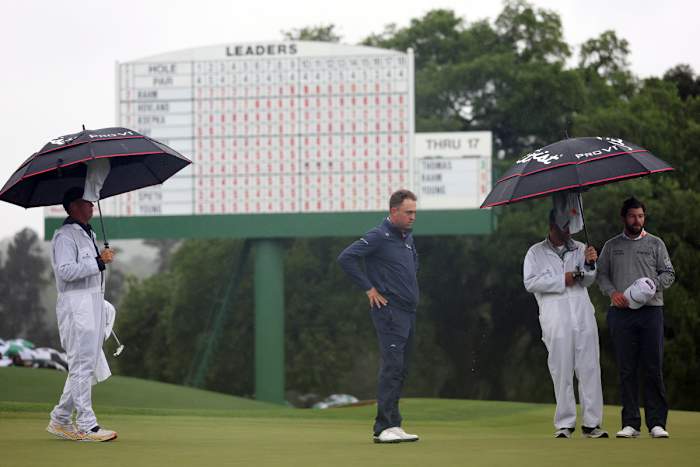 Justin Thomas of the United States reacts on the 18th green during the continuation of the weather delayed second round of the 2023 Masters Tournament at Augusta National Golf Club on April 08, 2023 in Augusta, Georgia.